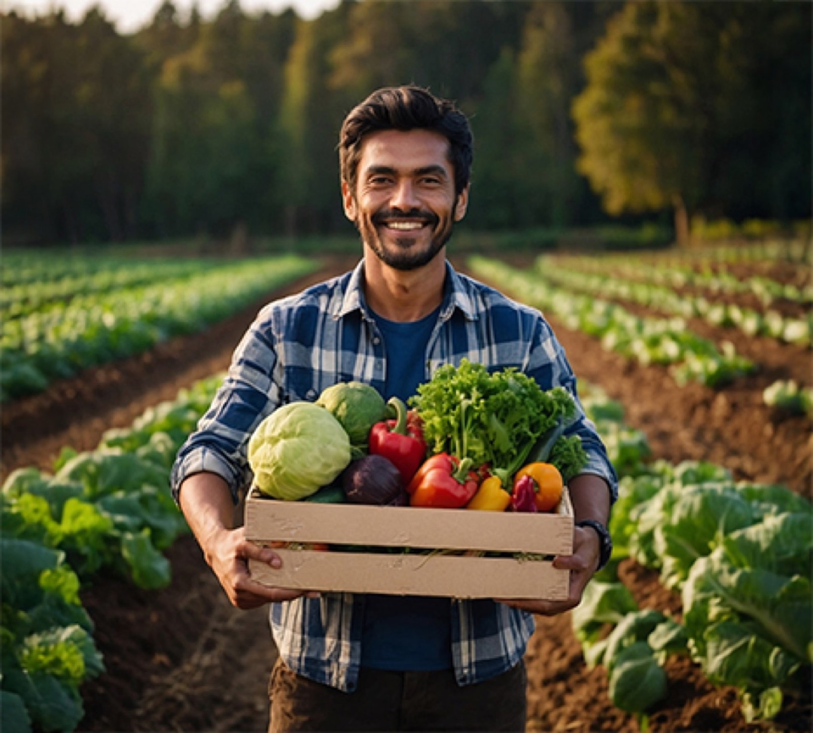 Farmer holding a crate of fresh vegetables in the field