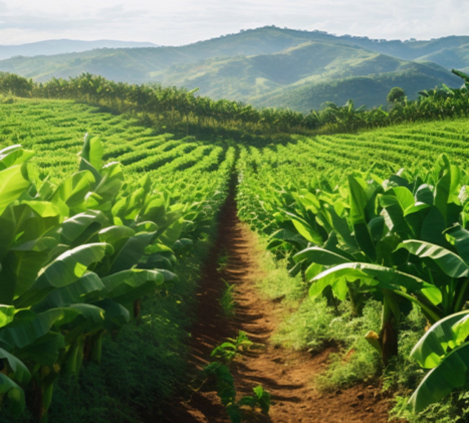 Rows of green crop running toward hills