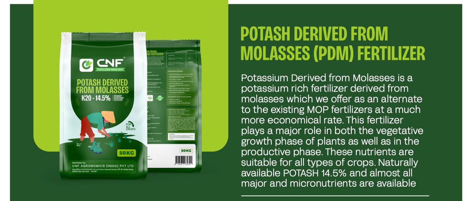 CNF PDM leaflet: potash derived from molasses, offered as an alternative to MOP, 50 kg bag with 14.5% K2O