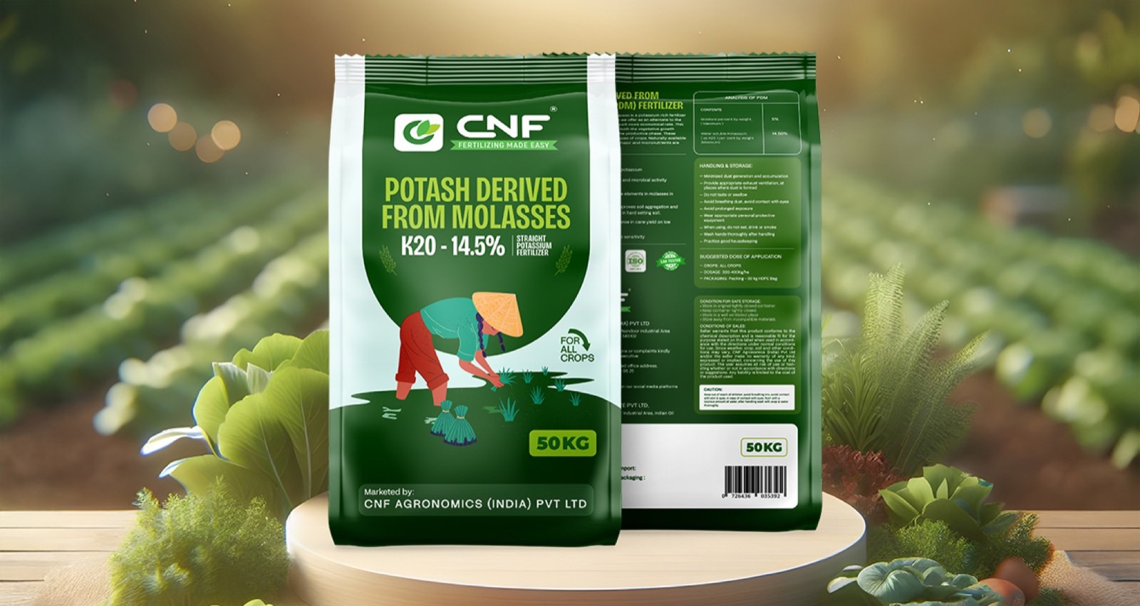 CNF PDM potash fertilizer bag in a green field
