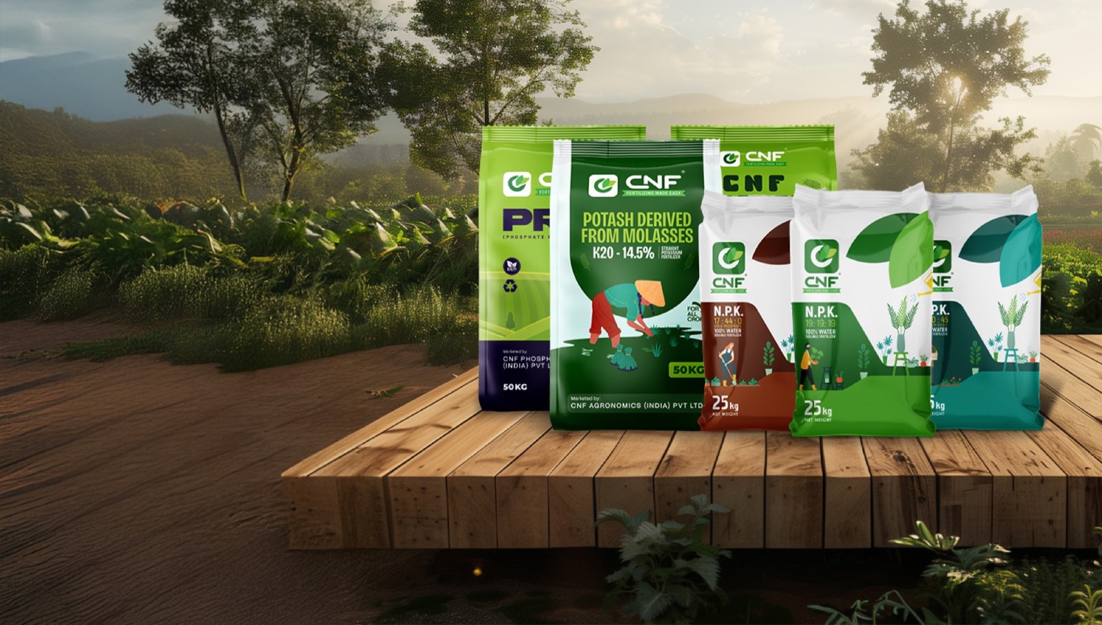 CNF fertilizer bags on display in a field