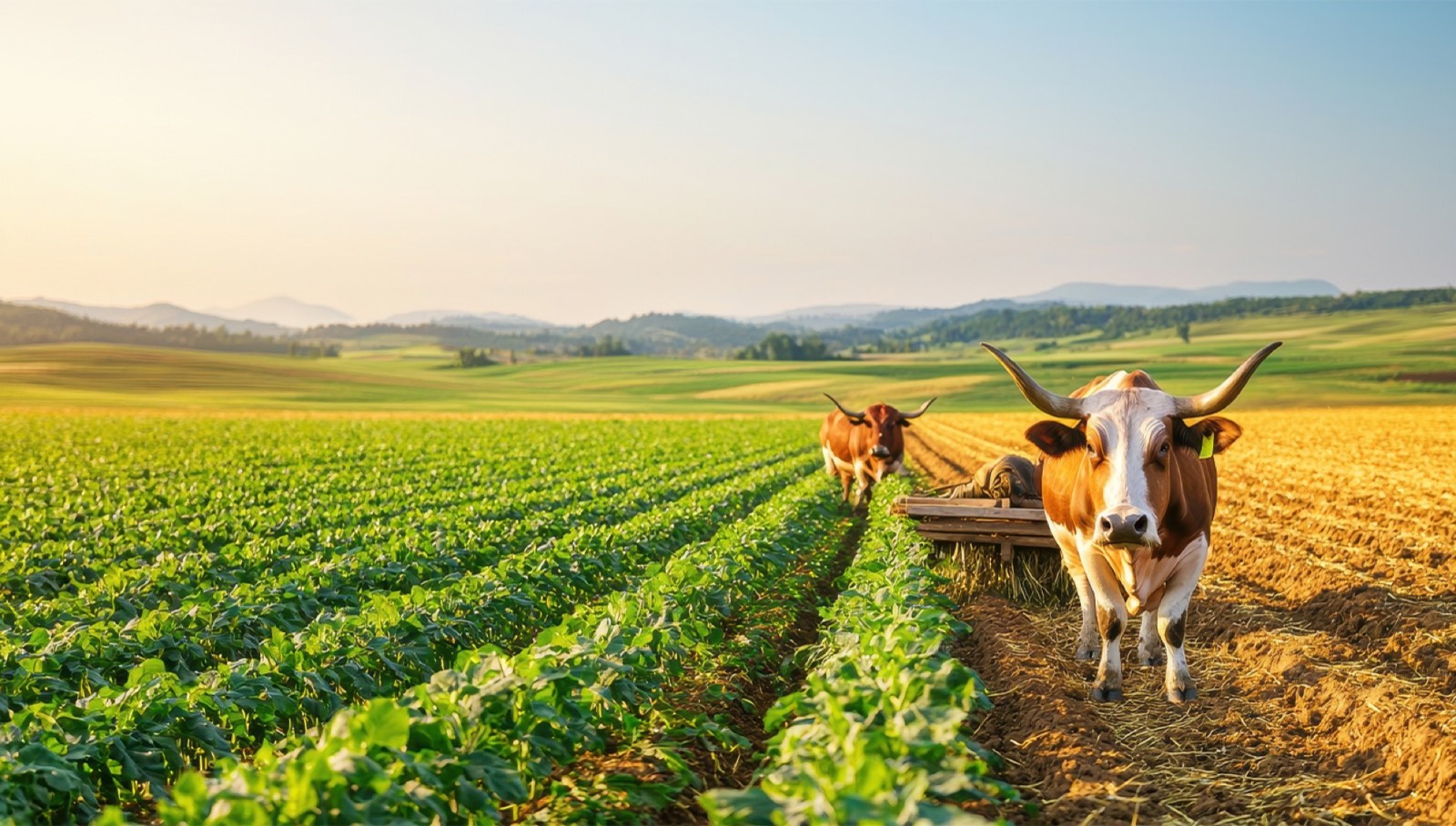 Rows of crops at sunrise with cattle in the field