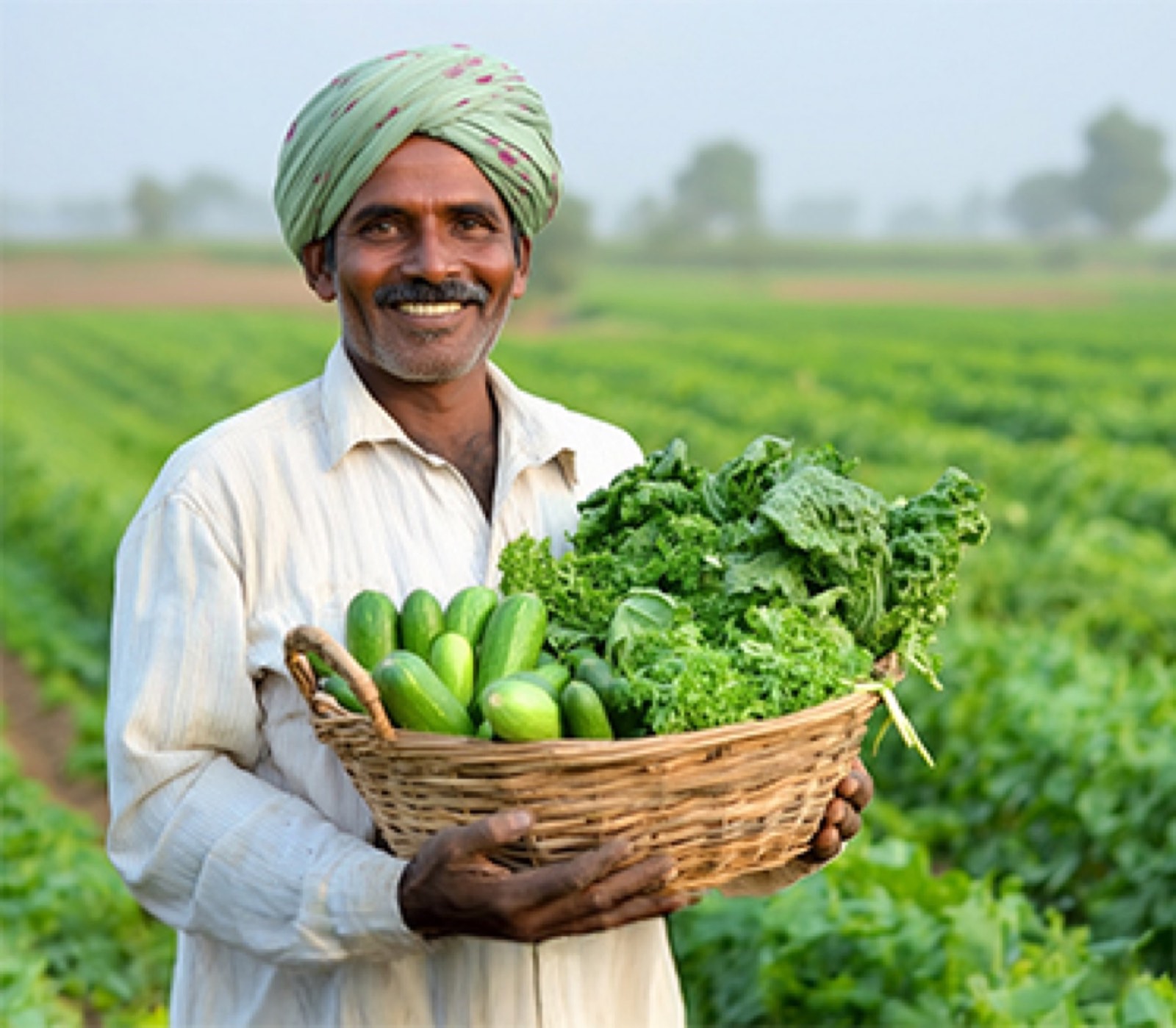 Farmer holding a basket of vegetables from his field