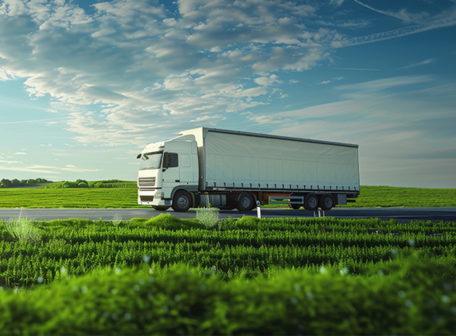 Truck carrying fertilizer on a highway past farmland