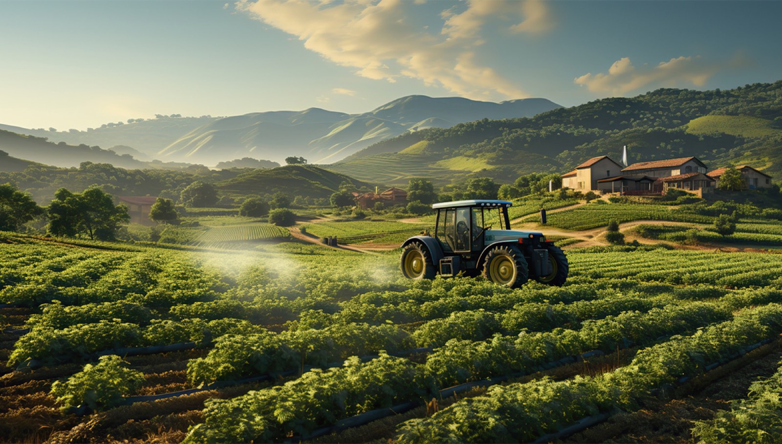 Farm valley with green fields